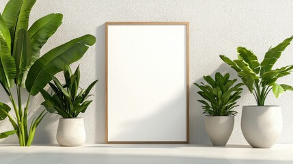 Modern Minimalist Interior with Blank Frame and Lush Green Potted Plants