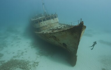 Fototapeta premium Diver Exploring Rusted Shipwreck on Sandy Ocean