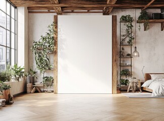 Modern loft bedroom with blank canvas, plants, and warm tones