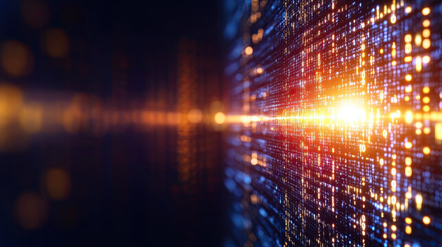Digital data stream with glowing lights and binary code
