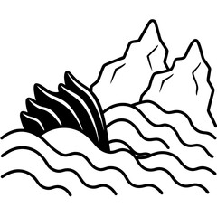 Rapids crashing against rocks line art vector illustration 