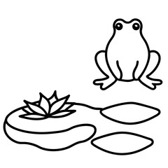 River with floating lily pad and frog line art vector illustration 