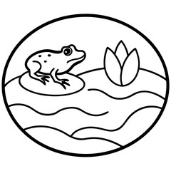River with floating lily pad and frog line art vector illustration 