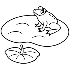 River with floating lily pad and frog line art vector illustration 