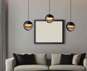 Three modern black pendant lights hang above a beige sofa in a minimalist living room.