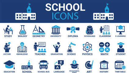 School icon set. It contains classroom, student, and teacher icons. Education and knowledge symbol. Solid icons vector collection.