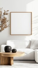 Minimalist White Living Room with Wooden Table and Black Vases