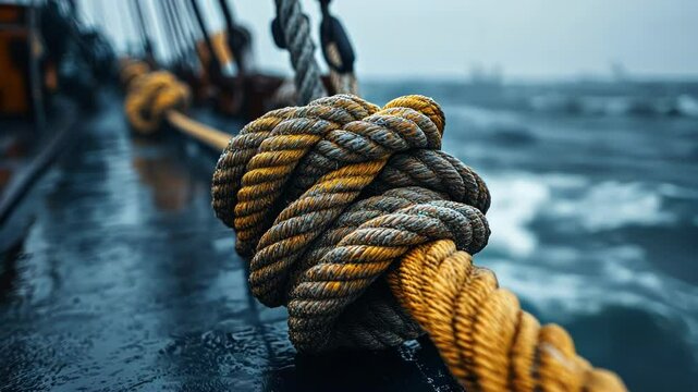 A close-up of a sailor's knot on a ship during a stormy ocean.