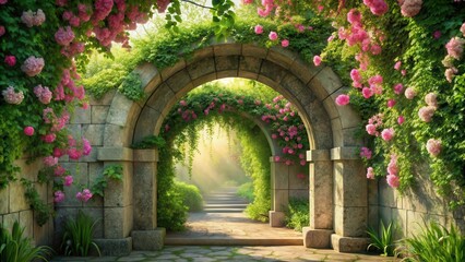 Fototapeta premium Serene Pathway Through Sunlit Archway Adorned with Blooming Vines and Lush Greenery