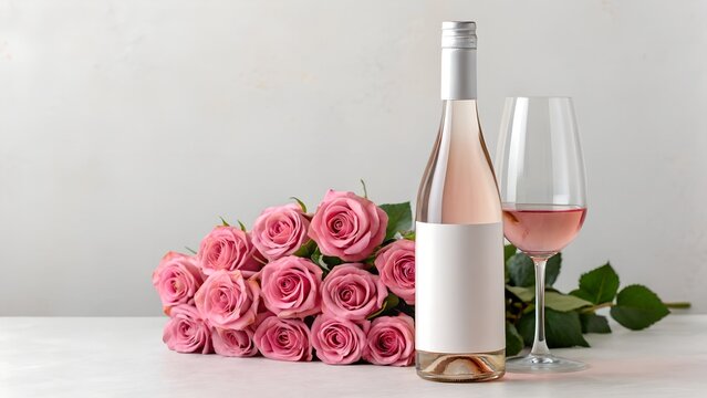 Elegant wine bottle mockup with a blank label next to a filled glass, surrounded by pink roses. A romantic branding template for wineries, events, or beverage promotions. 
