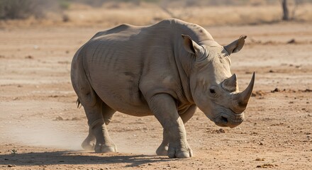 Fototapeta premium A robust rhinoceros navigates the arid plains with its powerful legs, kicking up dust as it moves across the tan, dry ground.