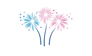 Three stylized fireworks in blue and pink.