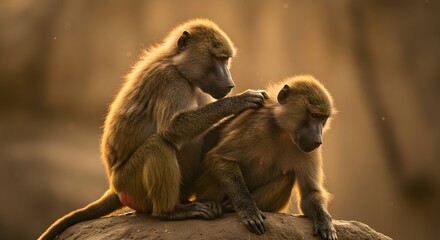 Two baboons grooming each other in a golden light, showcasing affection and social bonding within the animal kingdom in their natural setting.