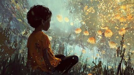 Obraz premium Child's Contemplation: A Dreamy, Peaceful Scene