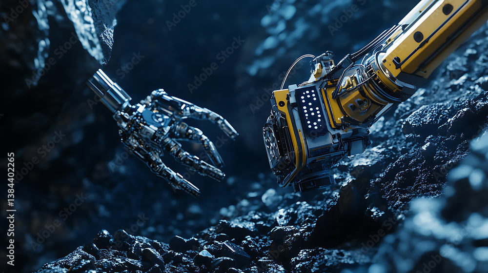 Poster a high tech ai powered autonomous space mining station extracting rare minerals from asteroids in ze