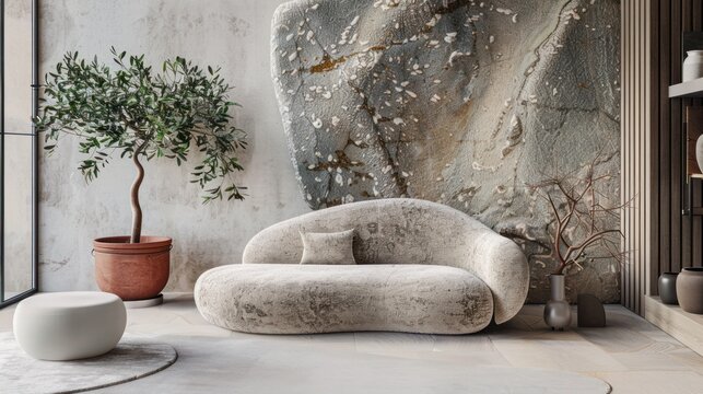 Minimalist, stylish, and sleek interior of a large hall in a luxurious house or hotel, stone and marble textures, large window, organic shapes, biophilic concept, AI generated