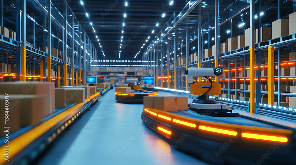 Poster a high tech ai powered autonomous warehouse with robotic arms sorting and organizing packages with h