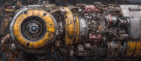 Futuristic Steampunk Engine Illustration with Detailed Mechanical Components