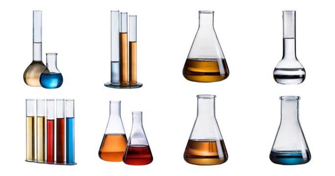 Assorted Laboratory Glassware with Colorful Liquids and Solutions, isolated on transparent background