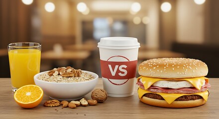 Healthy breakfast vs unhealthy breakfast, oatmeal, juice, coffee and burger
