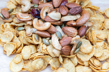 Top view mixed dried legumes and cereals.Different whole grains beans on bowl and legumes seeds and nuts.Various beans agriculture of natural healthy food for vegetarian cooking ingredients.