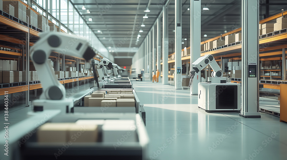 Poster a high tech ai powered autonomous warehouse with robotic arms sorting and organizing packages with h