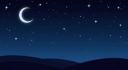 Fototapeta premium Starry Night Sky with Crescent Moon Over Gentle Hills Ideal for Nighttime Inspiration