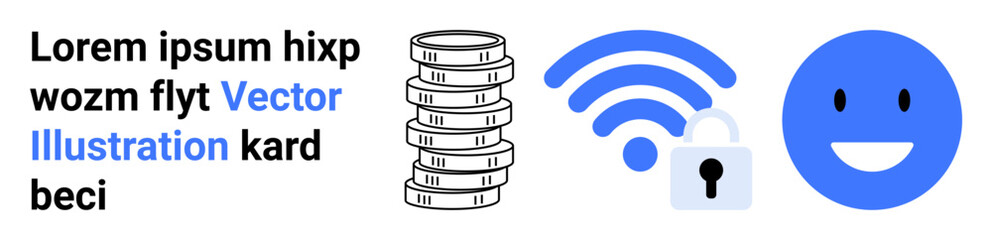 Stacked coins, wireless lock icon, and happy face symbolizing financial growth, digital security, positive sentiment. Ideal for banking, technology, cybersecurity, finance connectivity apps simple