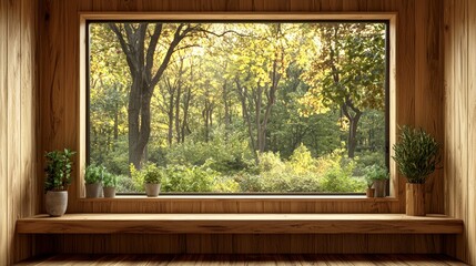 Fototapeta premium Serene Forest View from Wooden Window Seat: Peaceful Nature Scene in Cozy Home Interior
