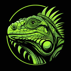 green iguana on a black background
