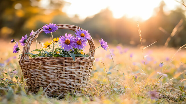 Wicker Basket of Purple and Yellow Flowers in a Sunset Field
