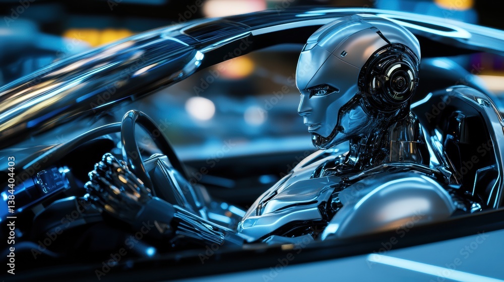 Poster highly detailed 3d-rendered robot driving a futuristic car with complex reflections on the windshiel