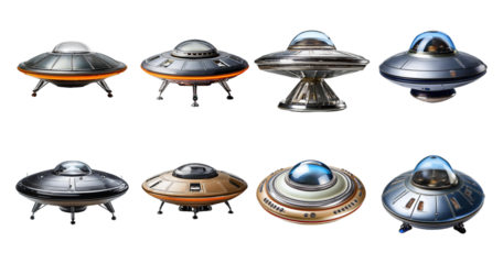 Collection of Various Futuristic Flying Saucer Designs and Models, PNG bundle collection, Isolated on Transparent Background