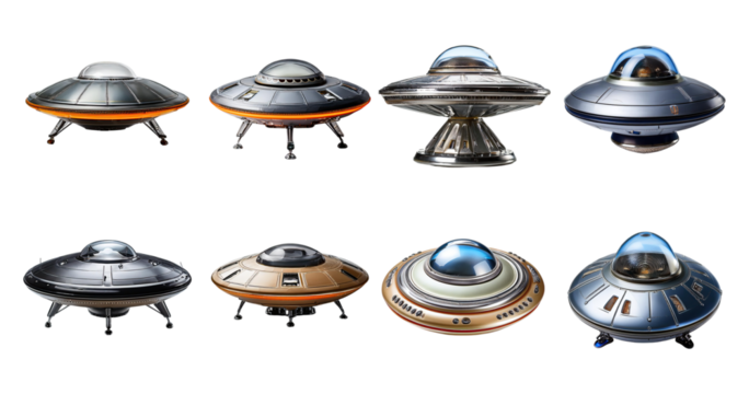 Collection of Various Futuristic Flying Saucer Designs and Models, PNG bundle collection, Isolated on Transparent Background