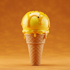 Delicious Yellow Ice Cream Cone with Melting Creamy Topping on Bright Background