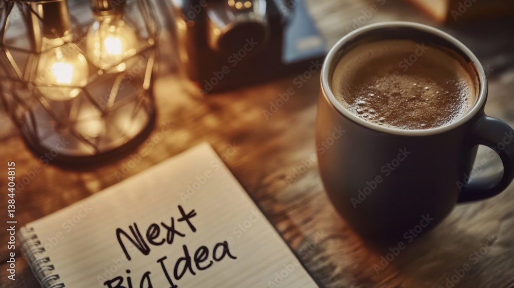 Poster inspiring workspace with coffee and notepad for creative ideas and brainstorming sessions