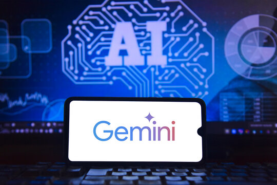 Gemini logo on a cell phone screen with an image of artificial intelligence with integrated circuits, highlighting cutting-edge neural technology in the background. Rio de Janeiro, Brazil: 04.08.2025