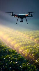 Drone surveying a misty field at sunrise