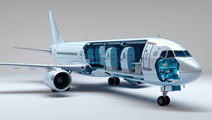 Unveiling the Heart of Flight: A passenger plane's cutaway reveals its intricate inner workings in a detailed 3D render.
