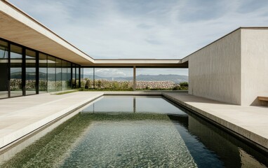 Fototapeta premium Modern Beige Stone House with Reflecting Pool