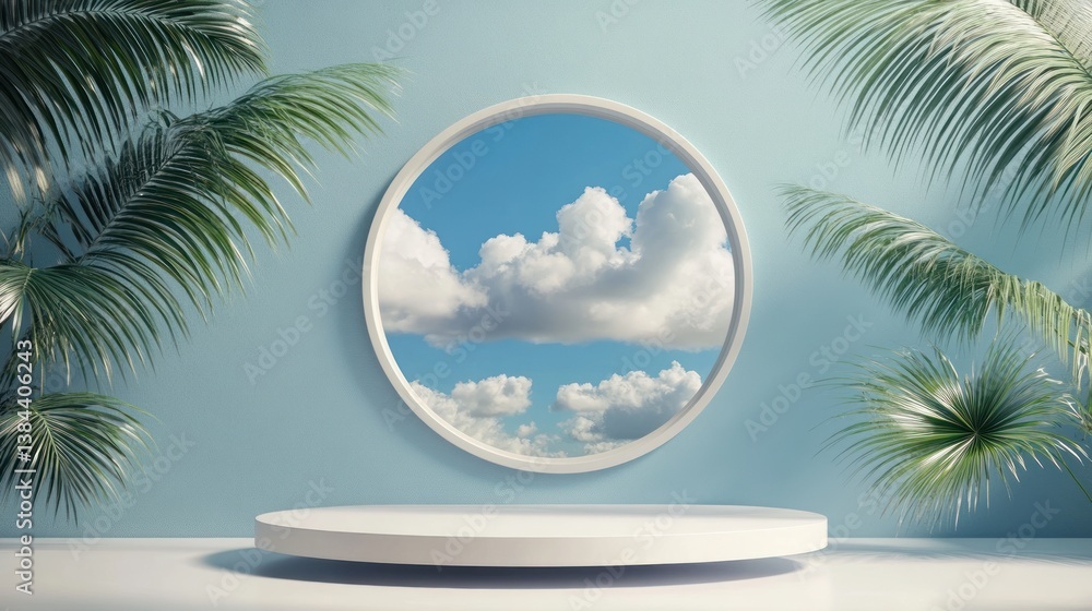 Poster tropical backdrop with circular frame unveiling a serene cloudscape backdrop