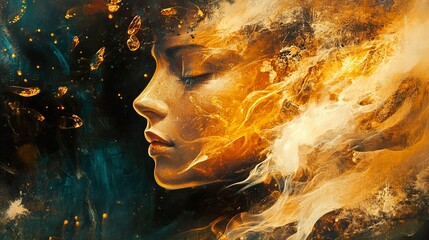 Golden Serene: Abstract Portrait of a Woman in Fire