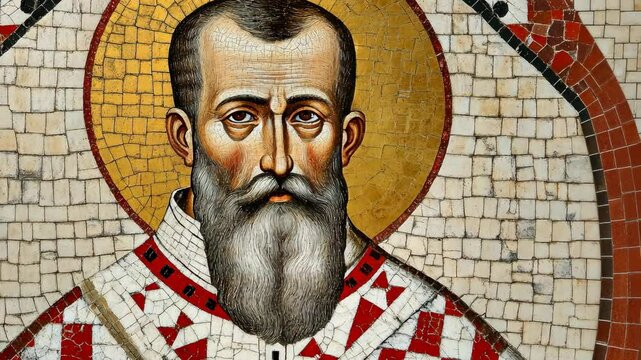 Historical representation of a saint depicted in a traditional mosaic art form showcasing detailed craftsmanship