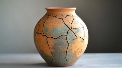 Cracked Earthy Pottery Vessel Showcasing Unique Texture and Warm Tones of Orange and Blue