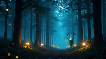Obraz premium Mystical Enchanted Forest With Glowing Lights