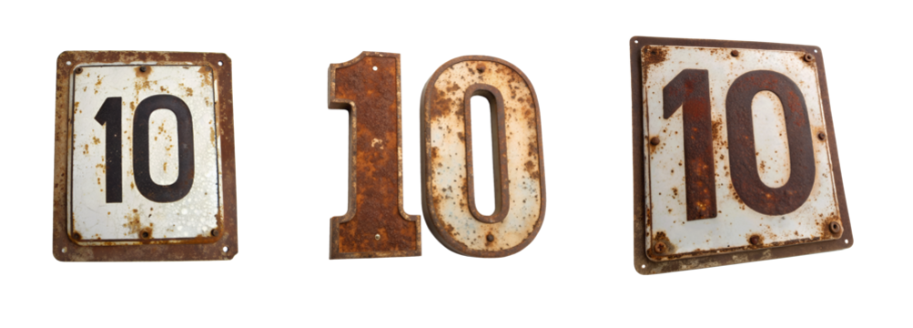 set of Rusty vintage metal sign with number ten isolated on white background, PNG cutout, perfect for retro design and signage projects