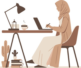 Modern Muslim Woman Working from Home, Neutral Tones Illustration