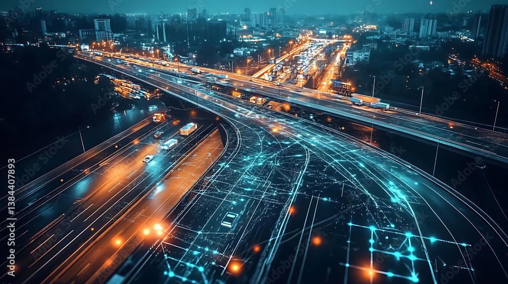 Poster a high tech ai powered logistics optimization system improving delivery routes and reducing carbon f