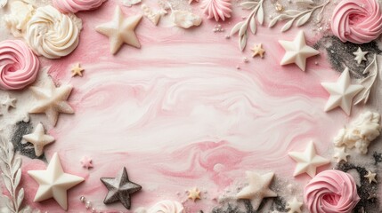 Delicate Pink and Cream Confectionery Background with Stars and Swirls, Perfect for Sweet Treat Themes