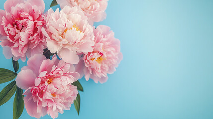 Vibrant arrangement of pink peonies against a soft turquoise backdrop